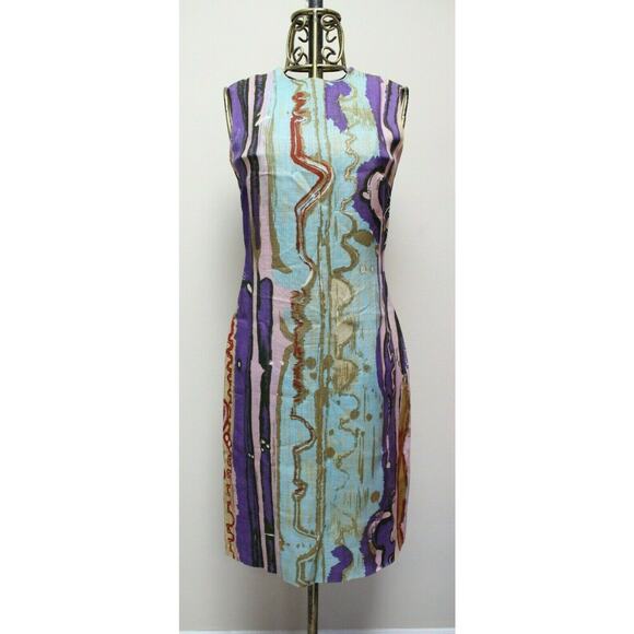 Vintage L'Aiglon Colorful Art to Wear Abstract Linen Sheath Dress Size Medium - Picture 1 of 5